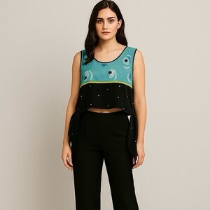 Shekina Forms in Silk Vintage Handmade Graphic Crop Tie Top Teal Black OS - NWOT
